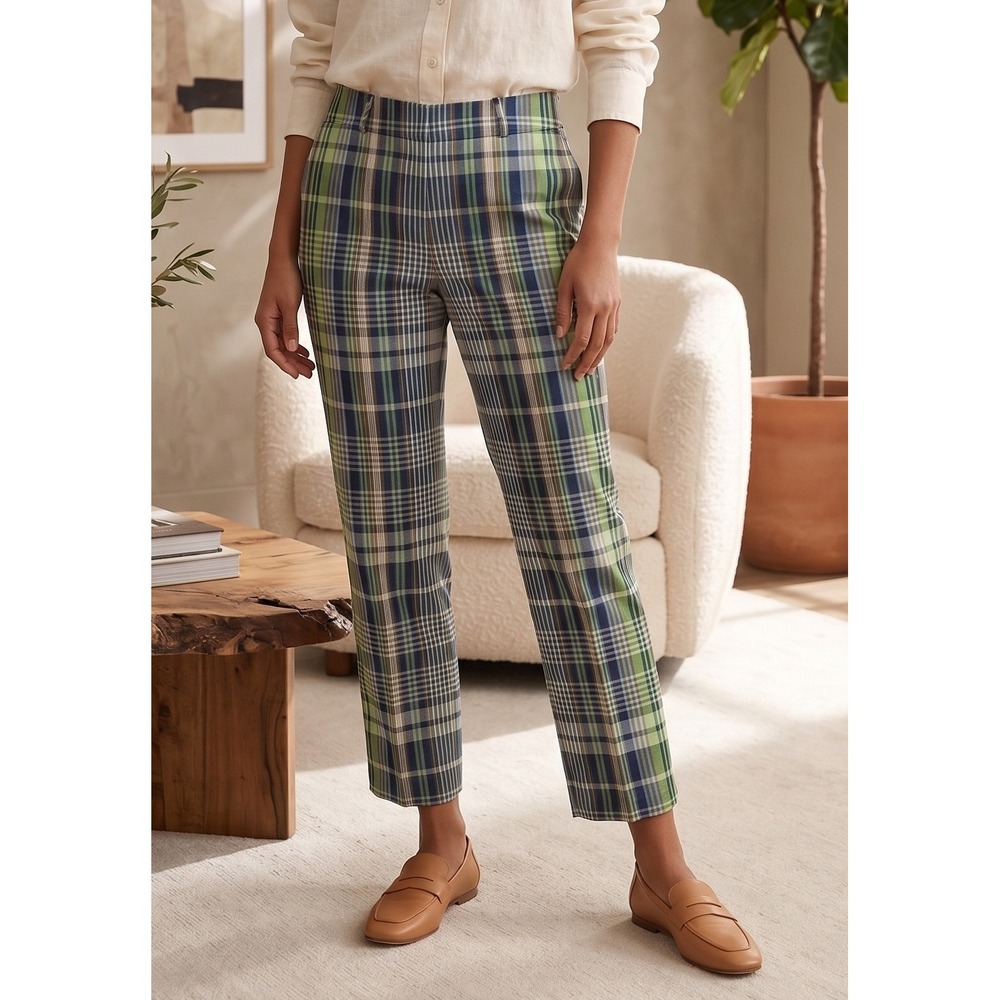 Talbots Petites Silk Plaid Trouser Pants Women's 10‎ Green Straight Leg Career